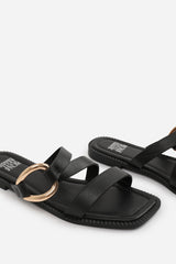 JAIME FLATFORM SANDAL WITH STYLISH METAL MULTI STRAP DETAIL IN BLACK FAUX LEATHER