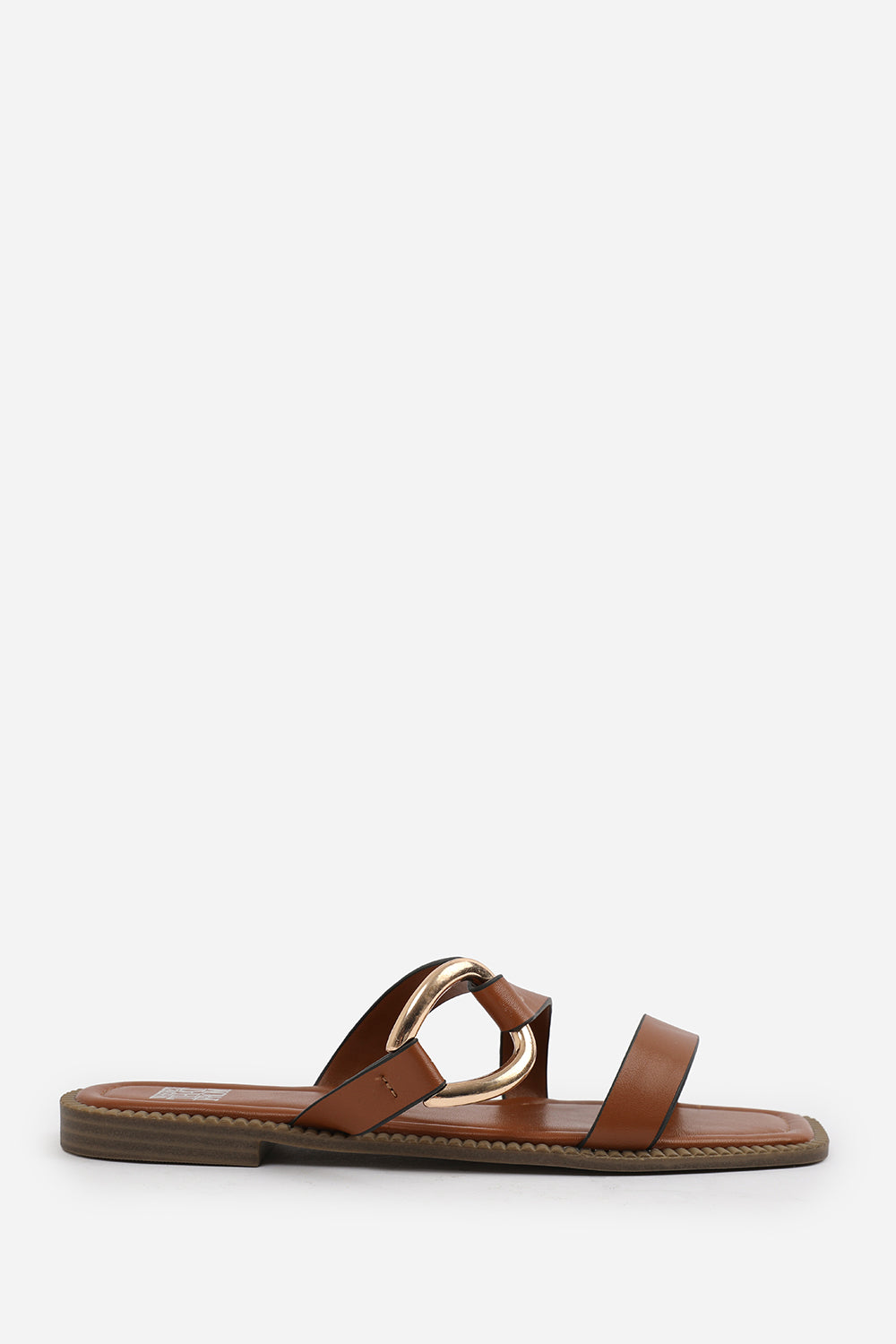 JAIME FLATFORM SANDAL WITH STYLISH METAL MULTI STRAP DETAIL IN TAN FAUX LEATHER