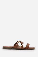 JAIME FLATFORM SANDAL WITH STYLISH METAL MULTI STRAP DETAIL IN TAN FAUX LEATHER