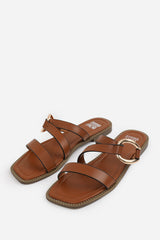 JAIME FLATFORM SANDAL WITH STYLISH METAL MULTI STRAP DETAIL IN TAN FAUX LEATHER