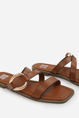 JAIME FLATFORM SANDAL WITH STYLISH METAL MULTI STRAP DETAIL IN TAN FAUX LEATHER