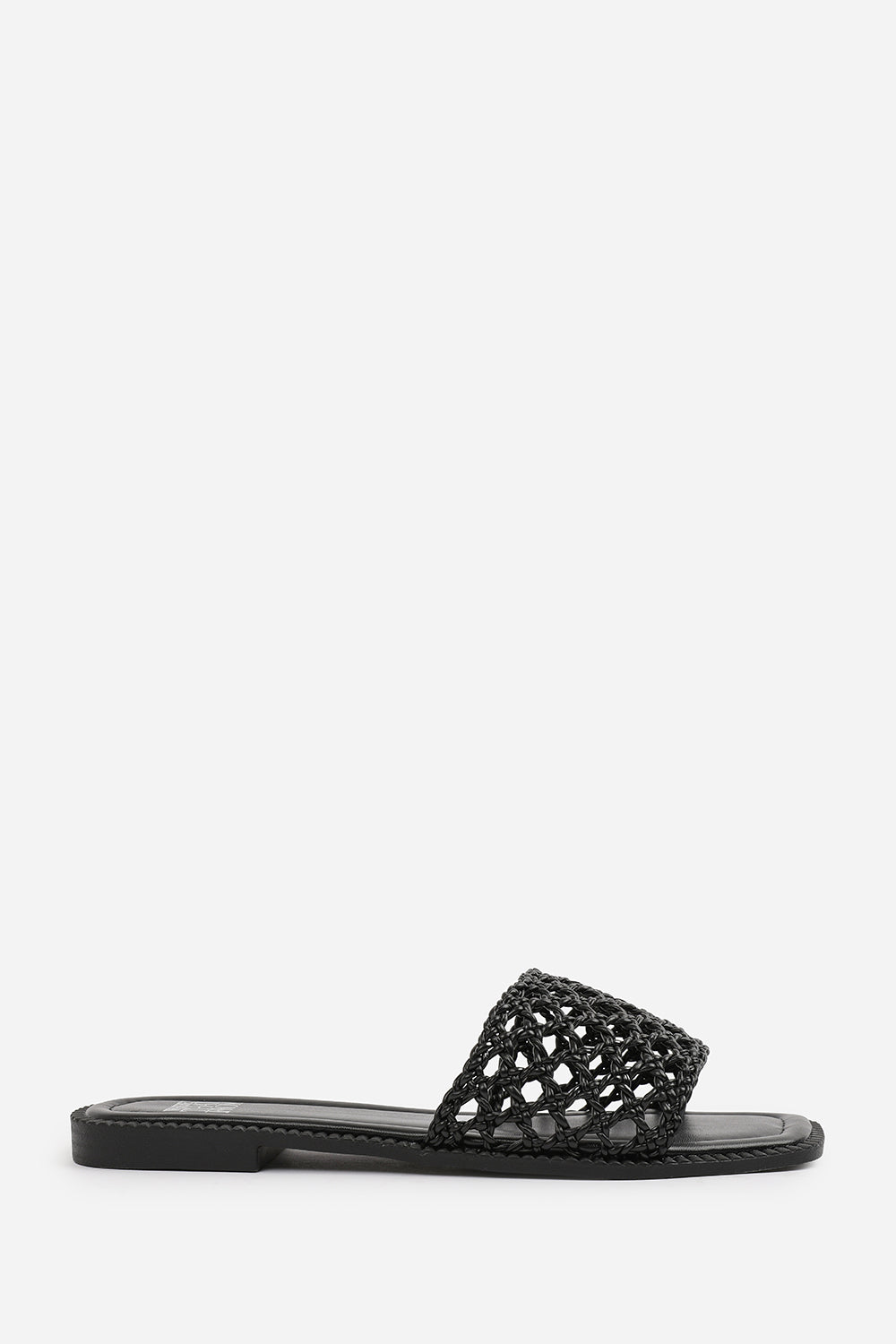 CHELSEA WOVEN STRAP DETAIL FLAT SANDALS IN BLACK FAUX LEATHER