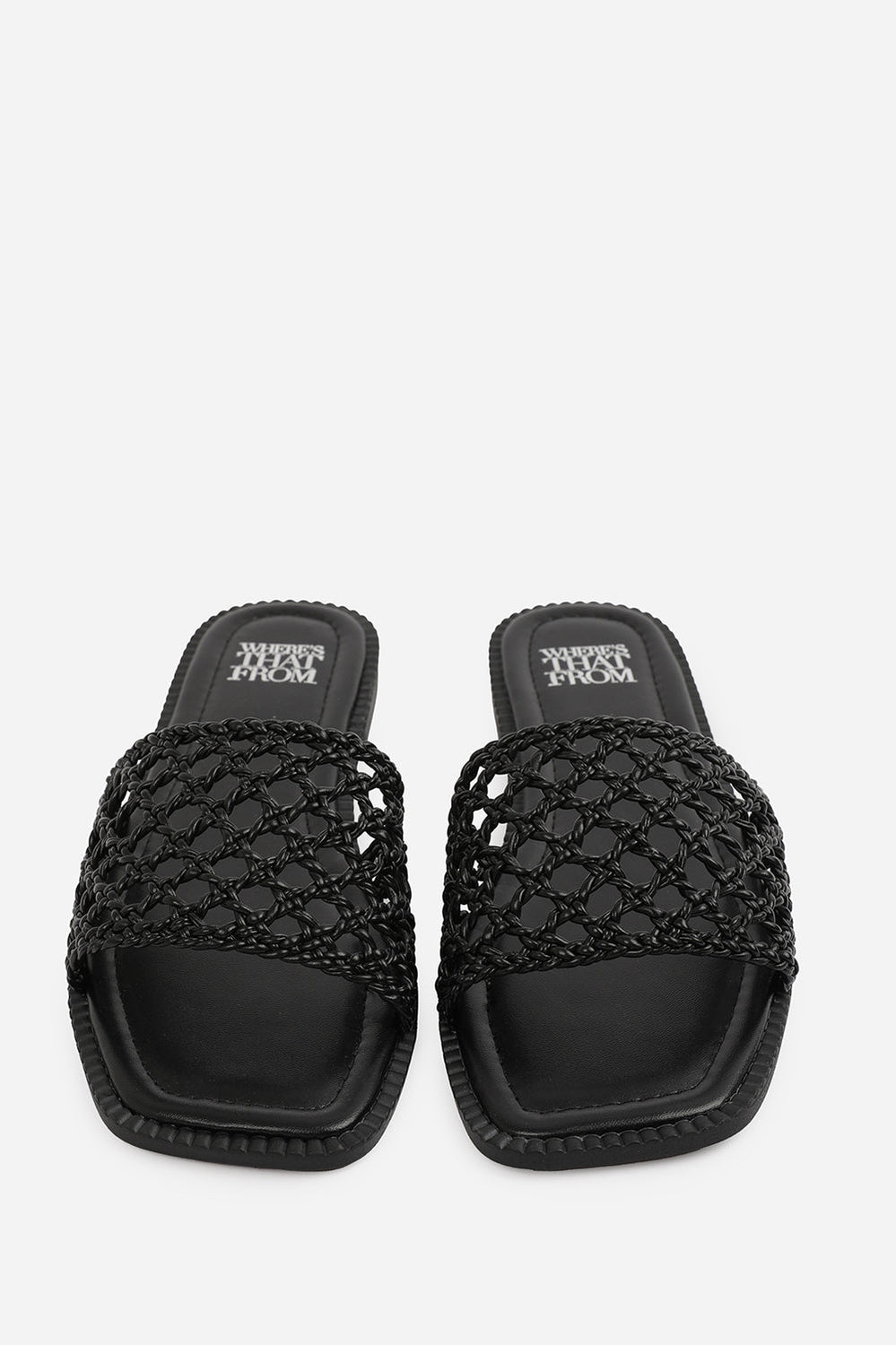 CHELSEA WOVEN STRAP DETAIL FLAT SANDALS IN BLACK FAUX LEATHER