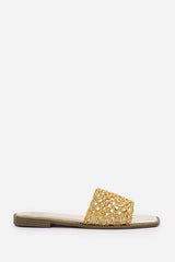 CHELSEA WOVEN STRAP DETAIL FLAT SANDALS IN GOLD FAUX LEATHER