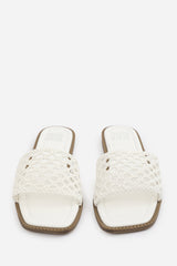 CHELSEA WOVEN STRAP DETAIL FLAT SANDALS IN WHITE FAUX LEATHER