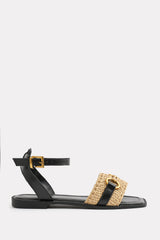 CATELYN PU STRAW DETAIL STRAP SANDALS  WITH BUCKLE CLOSURE IN BLACK FAUX LEATHER