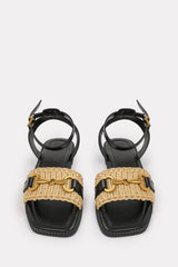 CATELYN WIDE FIT PU STRAW DETAIL STRAP SANDALS  WITH BUCKLE CLOSURE IN BLACK FAUX LEATHER