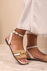 CATELYN WIDE FIT PU STRAW DETAIL STRAP SANDALS  WITH BUCKLE CLOSURE IN CREAM FAUX LEATHER