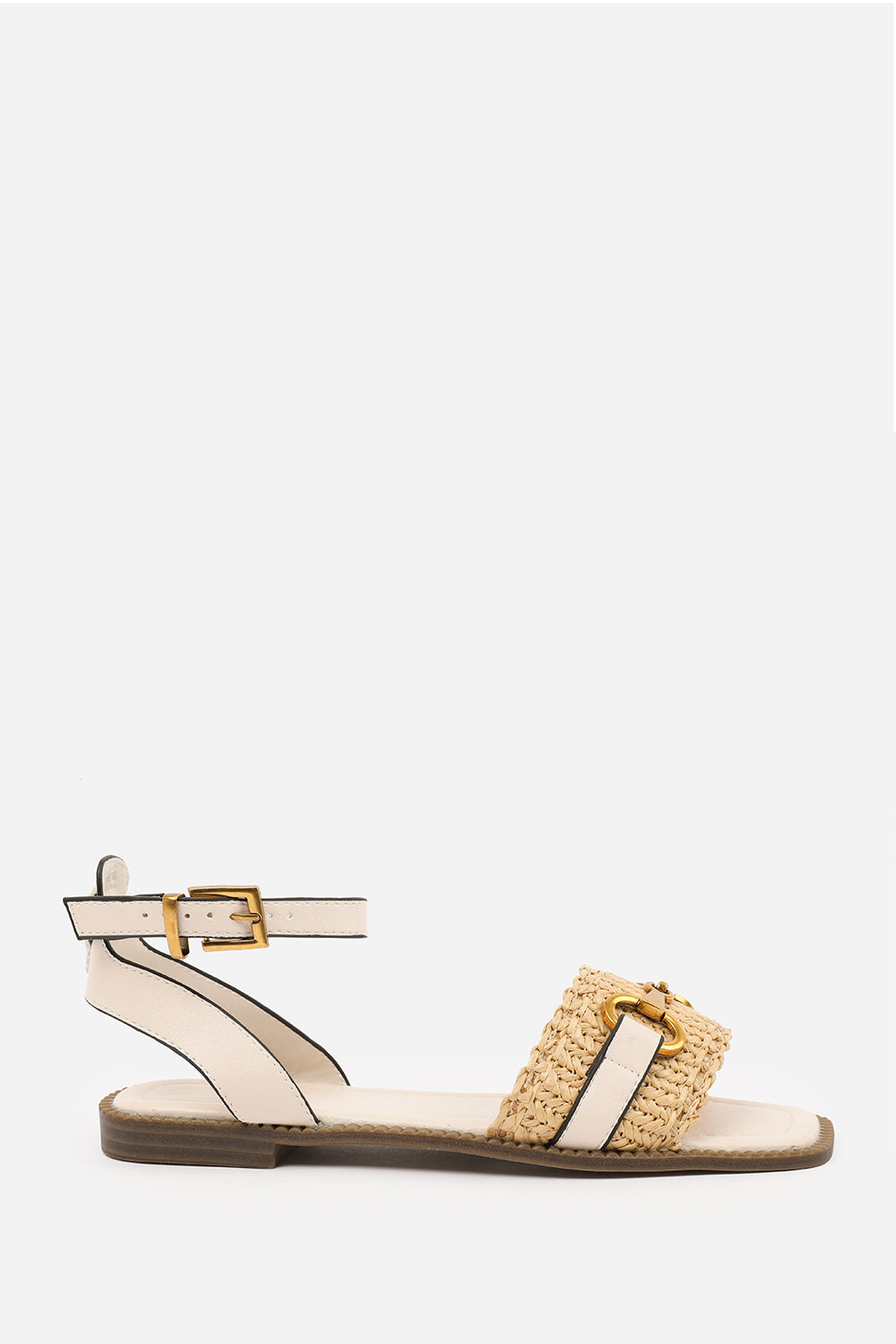 CATELYN PU STRAW DETAIL STRAP SANDALS  WITH BUCKLE CLOSURE IN CREAM FAUX LEATHER