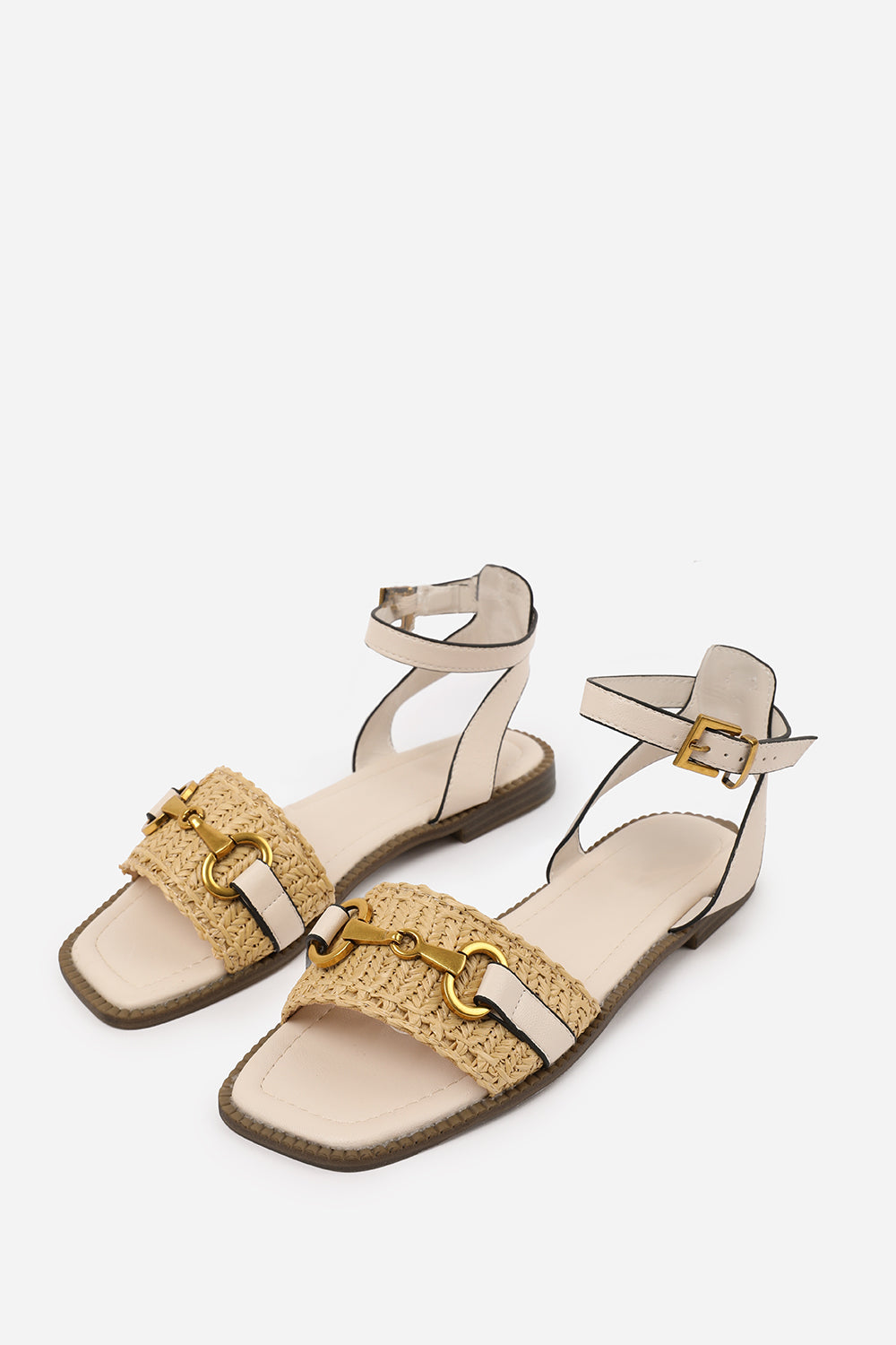 CATELYN PU STRAW DETAIL STRAP SANDALS  WITH BUCKLE CLOSURE IN CREAM FAUX LEATHER