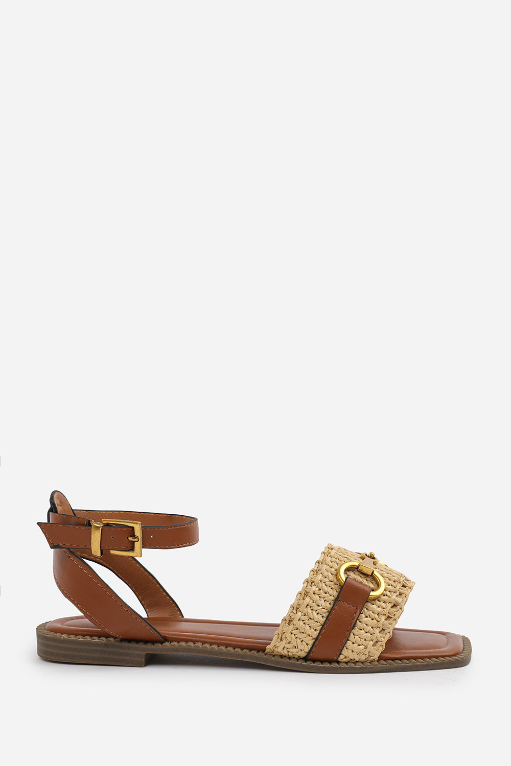 CATELYN PU STRAW DETAIL STRAP SANDALS  WITH BUCKLE CLOSURE IN TAN FAUX LEATHER