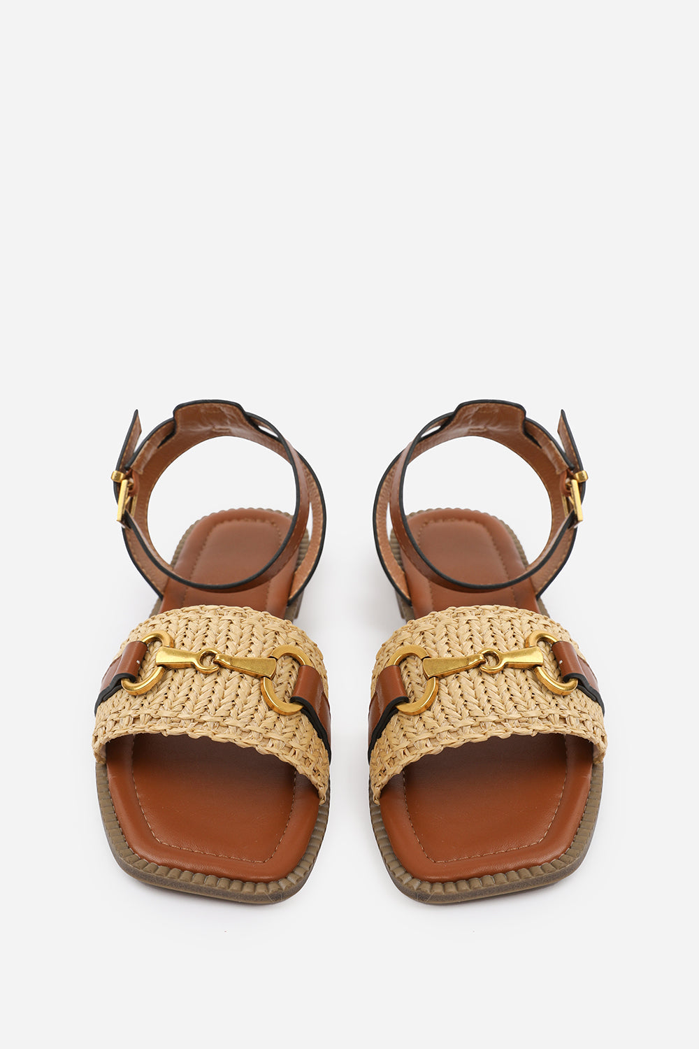 CATELYN PU STRAW DETAIL STRAP SANDALS  WITH BUCKLE CLOSURE IN TAN FAUX LEATHER