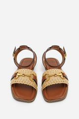 CATELYN WIDE FIT PU STRAW DETAIL STRAP SANDALS  WITH BUCKLE CLOSURE IN TAN  FAUX LEATHER