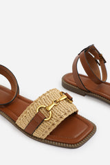 CATELYN WIDE FIT PU STRAW DETAIL STRAP SANDALS  WITH BUCKLE CLOSURE IN TAN  FAUX LEATHER