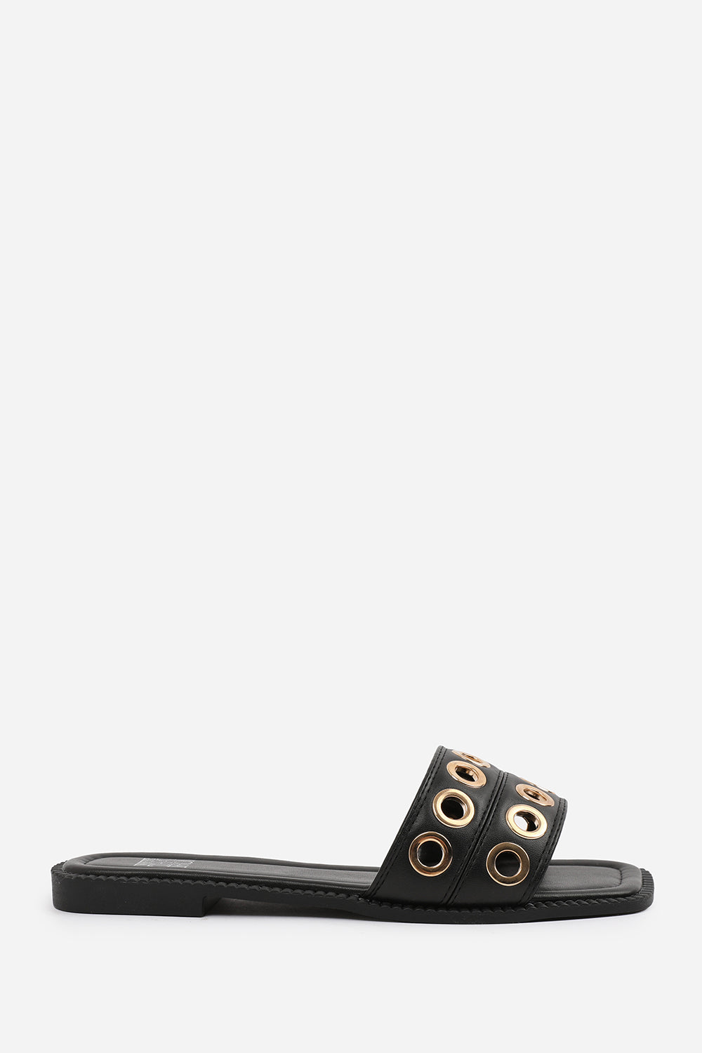 BONNIE FLATFORM SANDAL WITH STYLISH HOLES STRAP DETAIL IN BLACK FAUX LEATHER