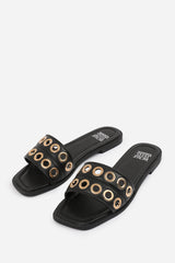 BONNIE FLATFORM SANDAL WITH STYLISH HOLES STRAP DETAIL IN BLACK FAUX LEATHER