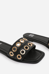 BONNIE FLATFORM SANDAL WITH STYLISH HOLES STRAP DETAIL IN BLACK FAUX LEATHER