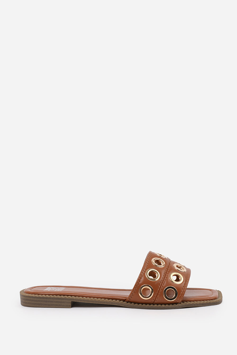 BONNIE FLATFORM SANDAL WITH STYLISH HOLES STRAP DETAIL IN TAN FAUX LEATHER