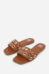 BONNIE FLATFORM SANDAL WITH STYLISH HOLES STRAP DETAIL IN TAN FAUX LEATHER