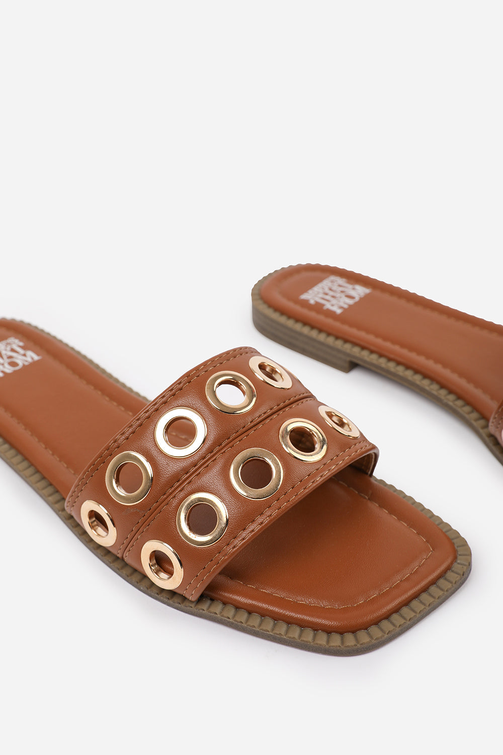 BONNIE FLATFORM SANDAL WITH STYLISH HOLES STRAP DETAIL IN TAN FAUX LEATHER