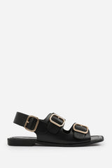 CHER FLATFORM SANDAL WITH MULTI BUCKLES STRAP DETAIL IN BLACK FAUX LEATHER