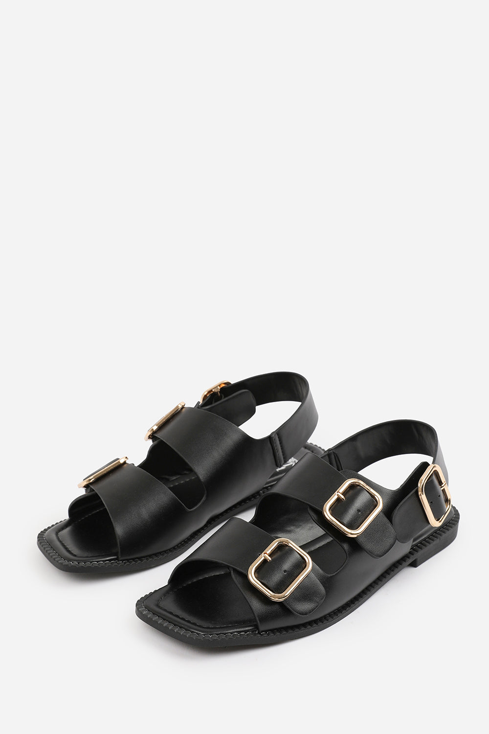 CHER FLATFORM SANDAL WITH MULTI BUCKLES STRAP DETAIL IN BLACK FAUX LEATHER