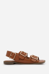 CHER FLATFORM SANDAL WITH MULTI BUCKLES STRAP DETAIL IN TAN FAUX LEATHER