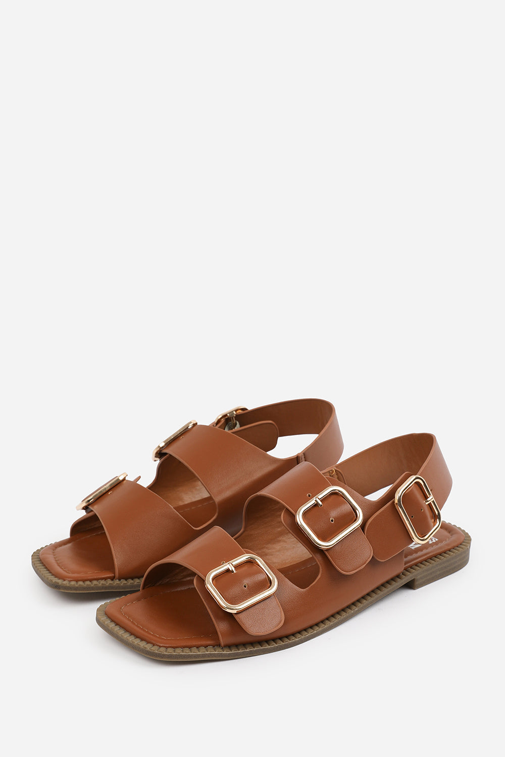 CHER FLATFORM SANDAL WITH MULTI BUCKLES STRAP DETAIL IN TAN FAUX LEATHER