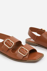 CHER FLATFORM SANDAL WITH MULTI BUCKLES STRAP DETAIL IN TAN FAUX LEATHER