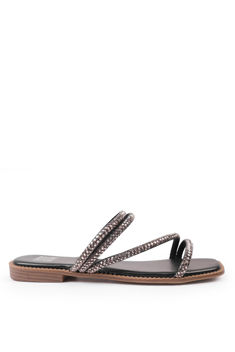 DREAM STRAPPY FLAT SLIDER SANDALS WITH DIAMANTE DETAIL IN BLACK FAUX LEATHER