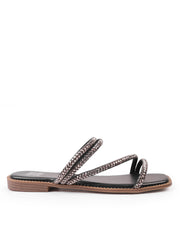 DREAM STRAPPY FLAT SLIDER SANDALS WITH DIAMANTE DETAIL IN BLACK FAUX LEATHER