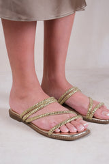 DREAM STRAPPY FLAT SLIDER SANDALS WITH DIAMANTE DETAIL IN GOLD FAUX LEATHER