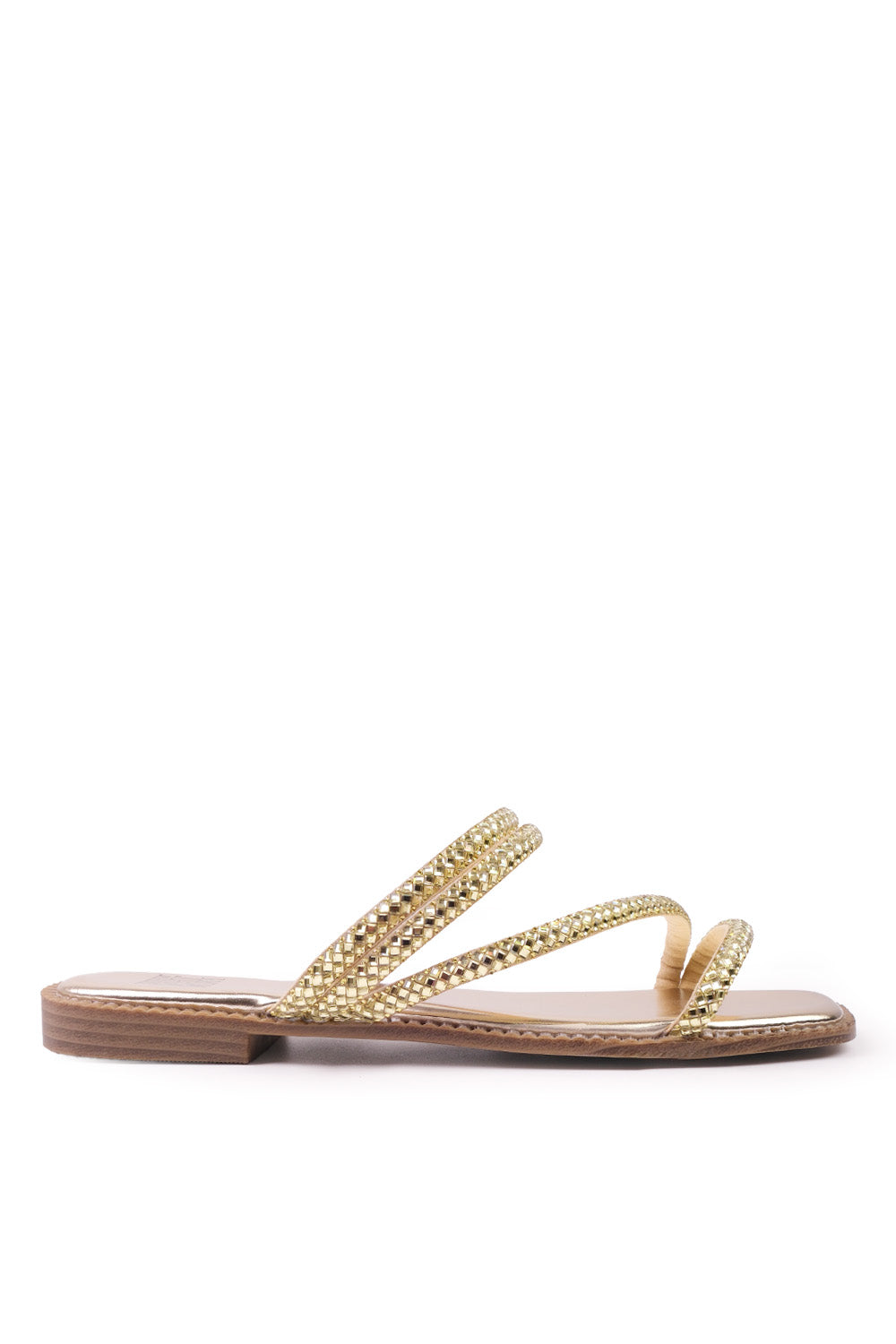 DREAM EXTRA WIDE STRAPPY FLAT SLIDER SANDALS WITH DIAMANTE DETAIL IN GOLD FAUX LEATHER