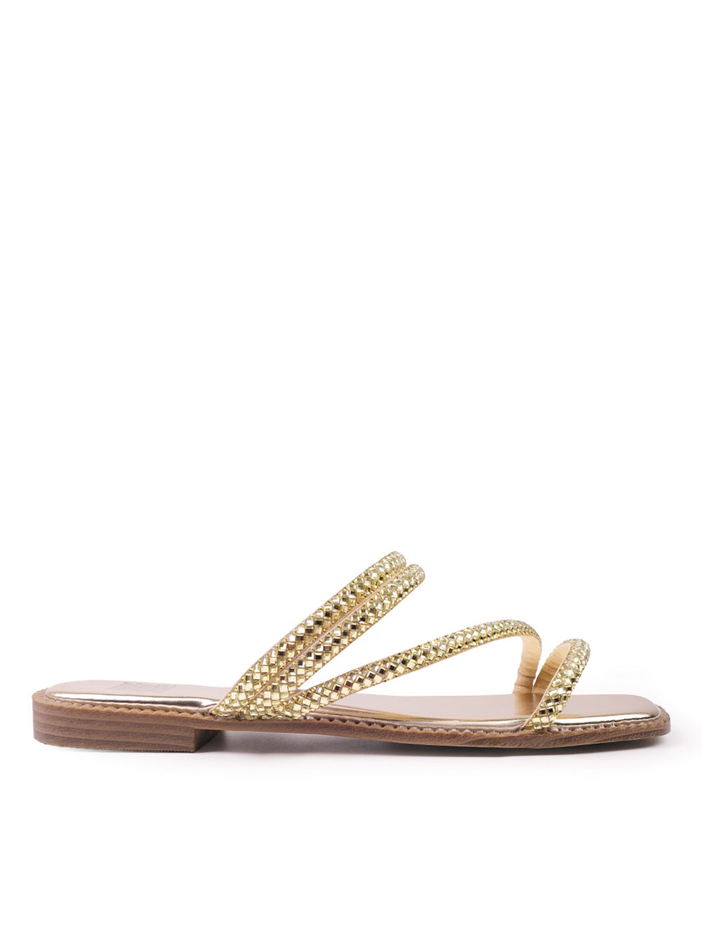 DREAM STRAPPY FLAT SLIDER SANDALS WITH DIAMANTE DETAIL IN GOLD FAUX LEATHER