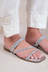 DREAM EXTRA WIDE STRAPPY FLAT SLIDER SANDALS WITH DIAMANTE DETAIL IN SILVER FAUX LEATHER