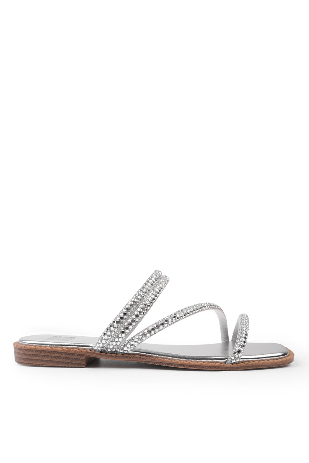 DREAM STRAPPY FLAT SLIDER SANDALS WITH DIAMANTE DETAIL IN SILVER FAUX LEATHER