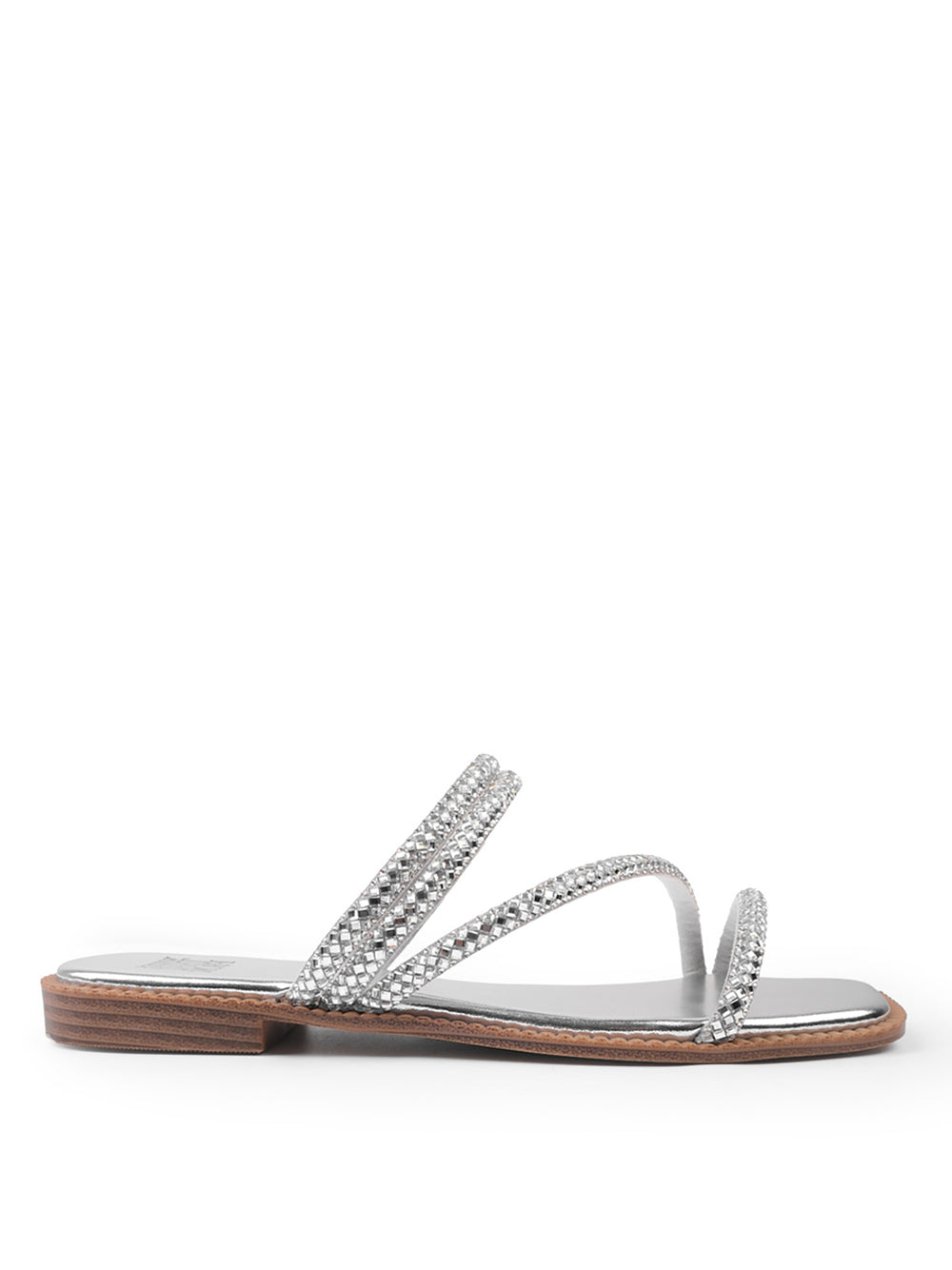 DREAM STRAPPY FLAT SLIDER SANDALS WITH DIAMANTE DETAIL IN SILVER FAUX LEATHER