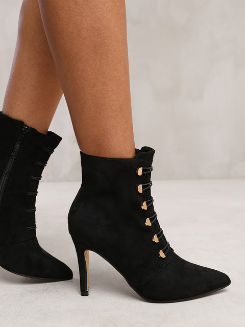 BLYTHE POINTED TOE MID HEEL ANKLE BOOTS WITH GOLD BUTTONS IN BLACK FAUX SUEDE