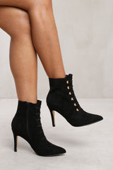 BLYTHE POINTED TOE MID HEEL ANKLE BOOTS WITH GOLD BUTTONS IN BLACK FAUX SUEDE