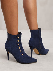 BLYTHE POINTED TOE MID HEEL ANKLE BOOTS WITH GOLD BUTTONS IN NAVY BLUE FAUX SUEDE