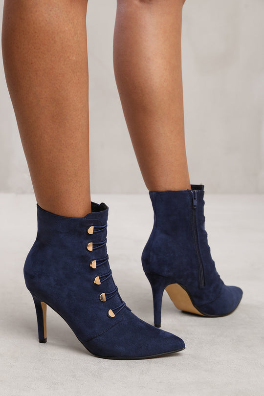 BLYTHE POINTED TOE MID HEEL ANKLE BOOTS WITH GOLD BUTTONS IN NAVY BLUE FAUX SUEDE