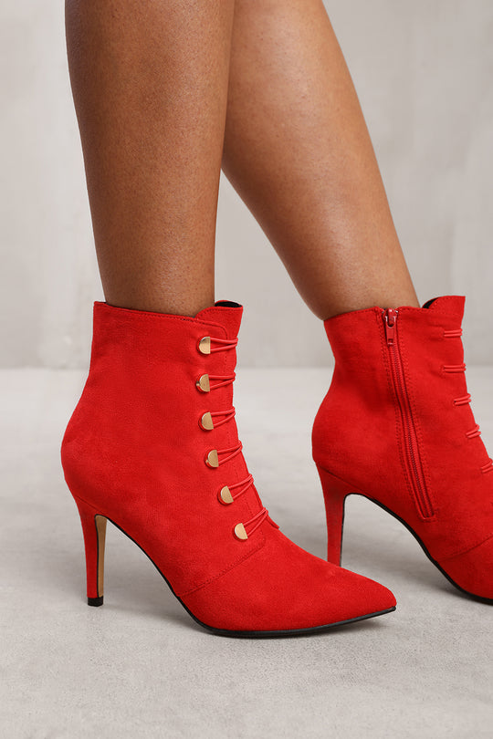 BLYTHE POINTED TOE MID HEEL ANKLE BOOTS WITH GOLD BUTTONS IN ROUGE RED FAUX SUEDE