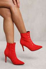 BLYTHE POINTED TOE MID HEEL ANKLE BOOTS WITH GOLD BUTTONS IN ROUGE RED FAUX SUEDE