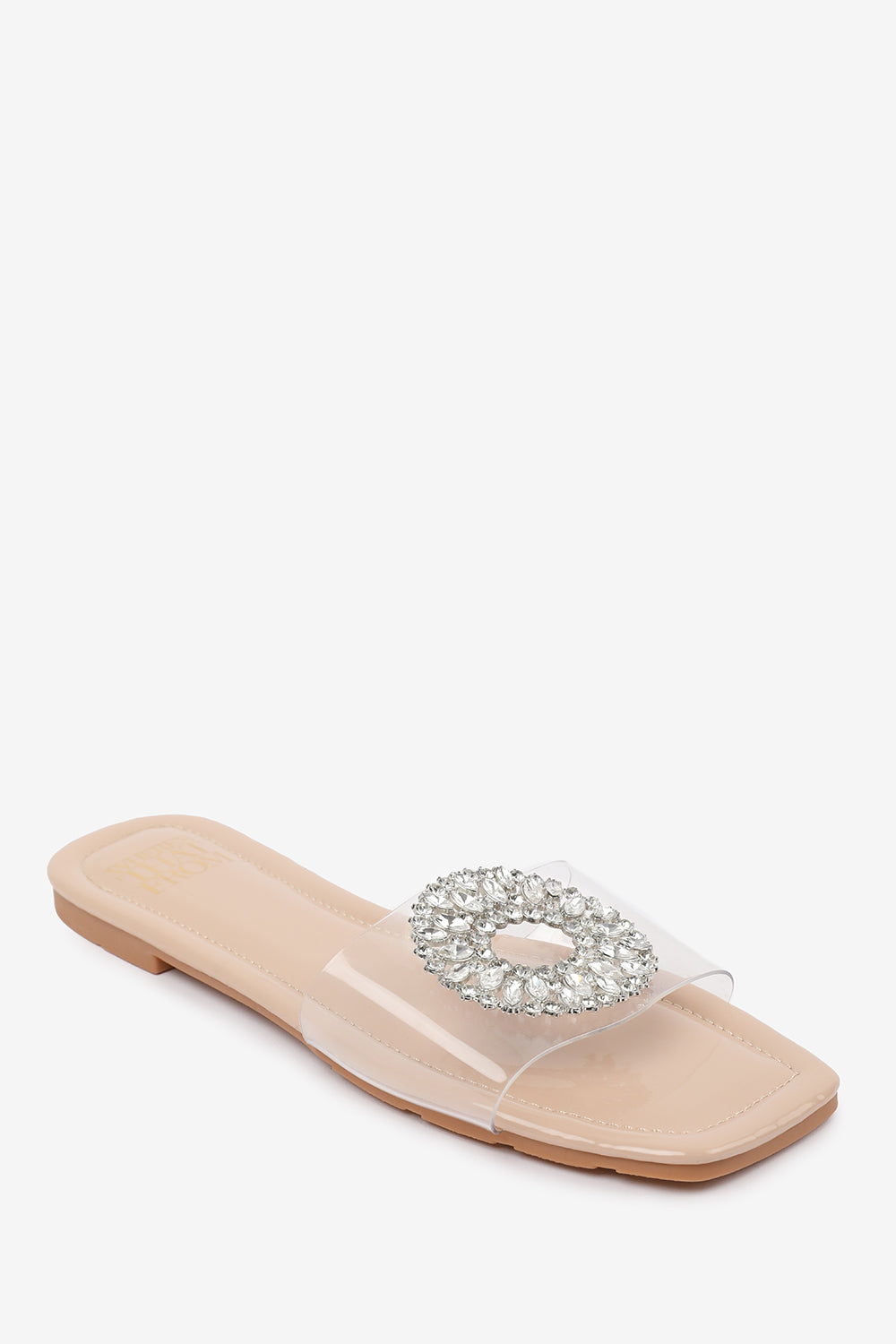 GLOSS PERSPEX FLAT SANDALS WITH SPARKLY GEMS DETAILING IN NUDE PATENT