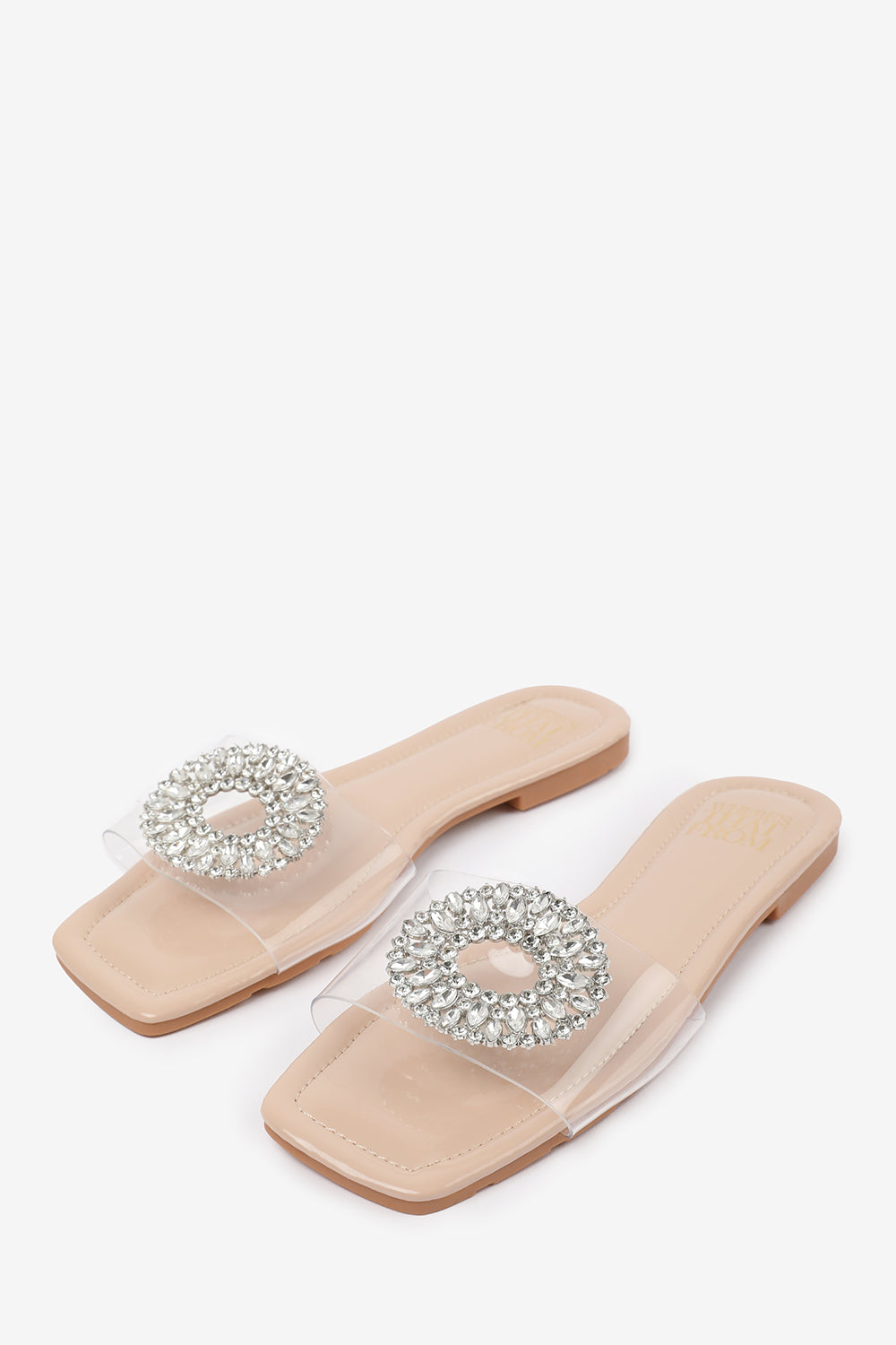 GLOSS PERSPEX FLAT SANDALS WITH SPARKLY GEMS DETAILING IN NUDE PATENT