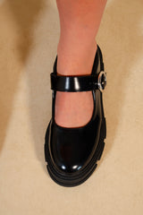 SKYLAR CHUNKY SOLE LOAFERS WITH SINGLE BUCKLE BAND IN BLACK PATENT