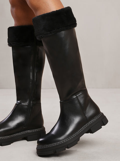 NEVAEY PLATFORM CALF HIGH BOOTS WITH FUR CUFF IN BLACK FAUX LEATHER