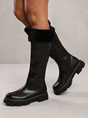 NEVAEY PLATFORM CALF HIGH BOOTS WITH FUR CUFF IN BLACK FAUX LEATHER