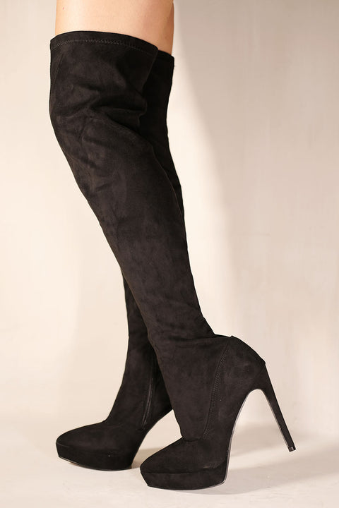 VEENA POINTED TOE KNEE HIGH HEEL PLATFORM BOOTS IN BLACK FAUX SUEDE