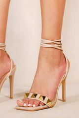 MIYA STUDDED HIGH HEELS WITH SQUARE TOE & LACE UP DETAIL IN NUDE FAUX LEATHER